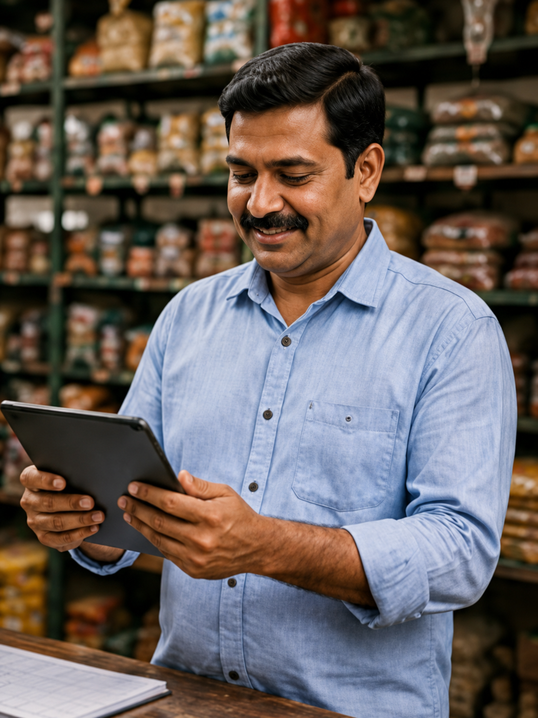 Shop owner reviewing orders on a tablet