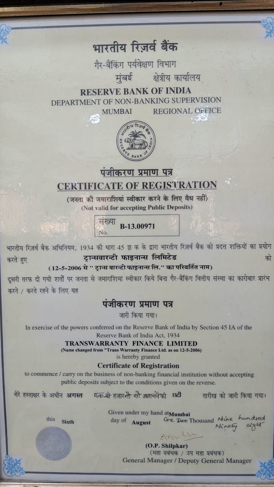 Reserve Bank of India Certificate of Registration No. B-13.00971 issued to Transwarranty Finance Limited
